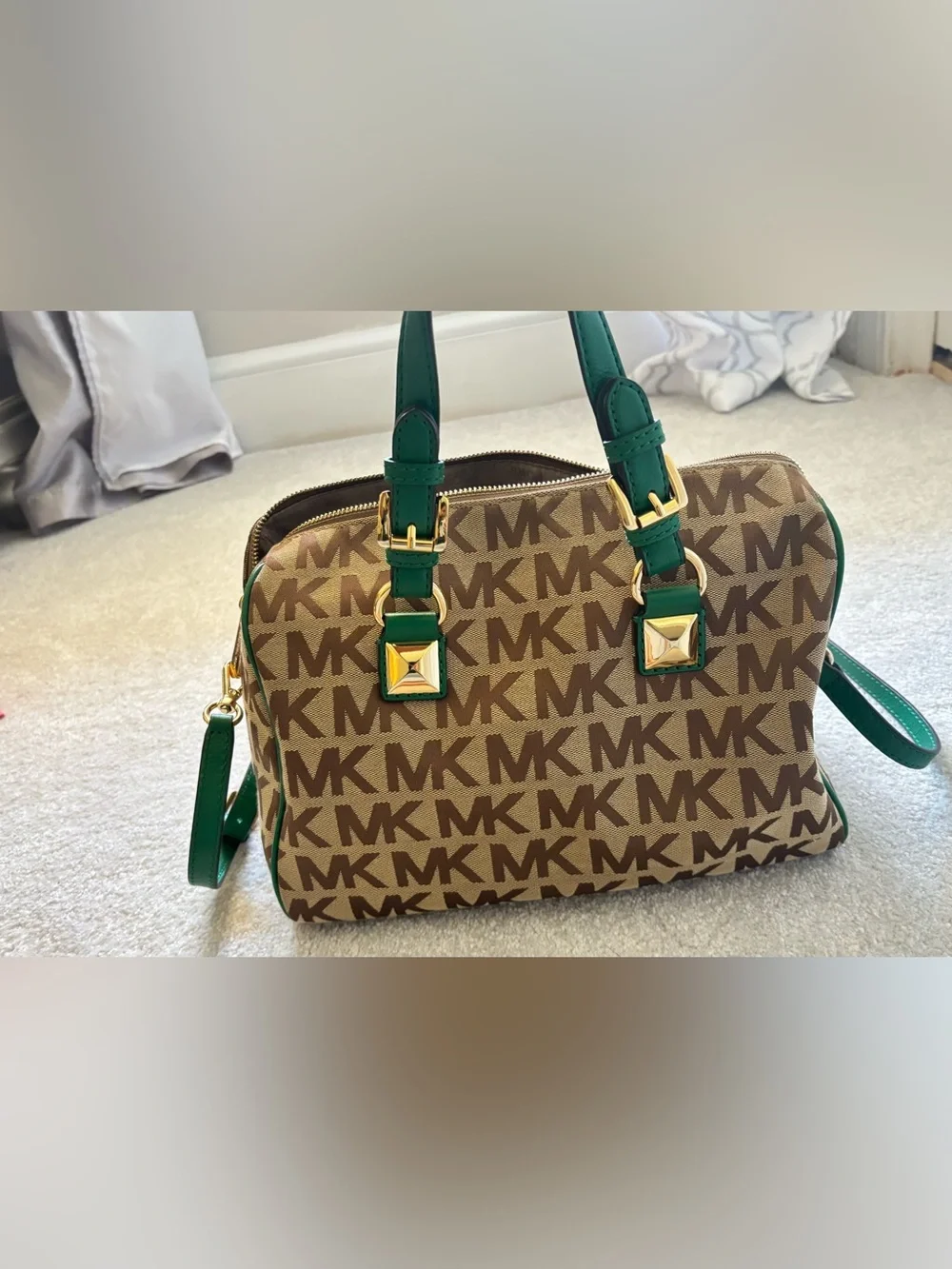 Michael Kors Purse with Green Leather Trim and Gold Accents